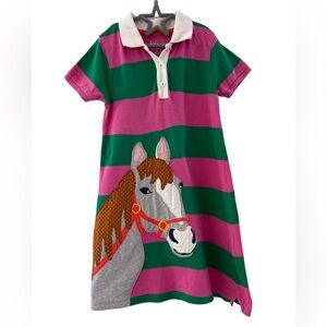 Boden Horse Appliqué Shirt Dress Pink & Green Stripes Polo Style 7-8 Y